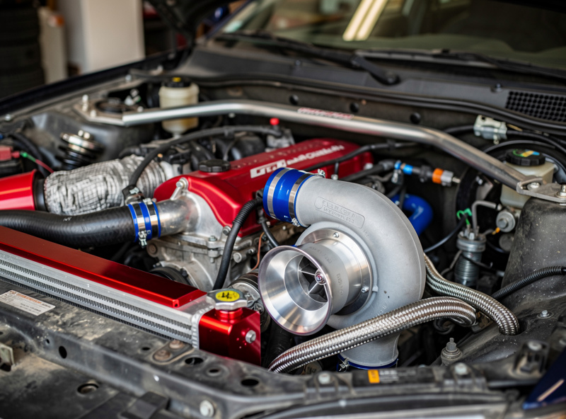Modified drift car engine bay with turbo and aftermarket parts