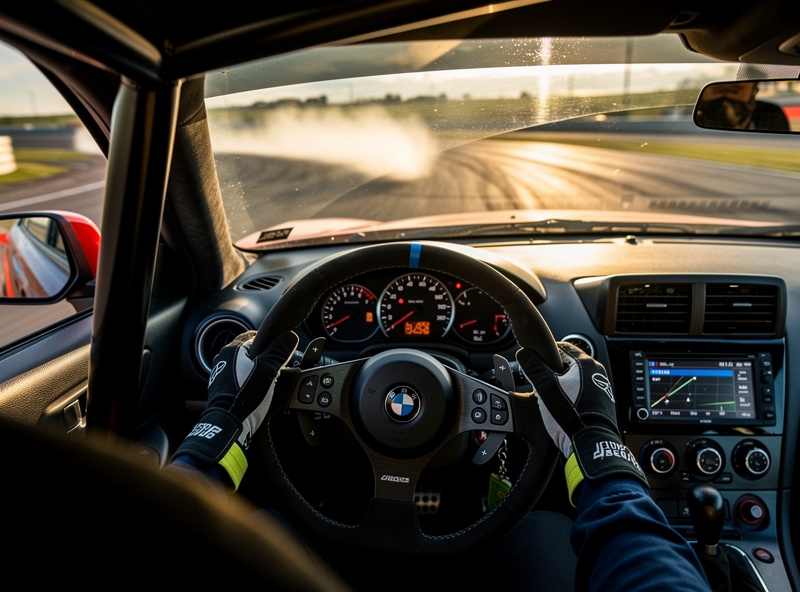Sim racing drift car cockpit view with steering wheel at extreme angle