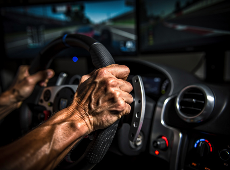 Hands gripping a force feedback racing wheel during intense sim racing