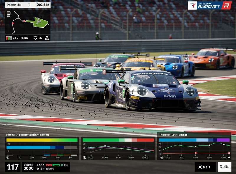 Sim racing game showing multiple cars racing wheel to wheel through a corner
