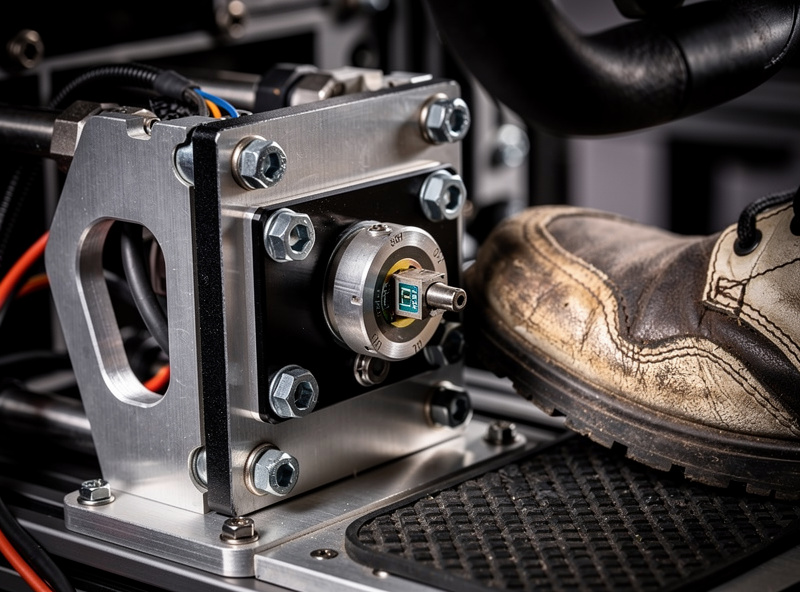 Load cell brake pedal close-up with racing shoe