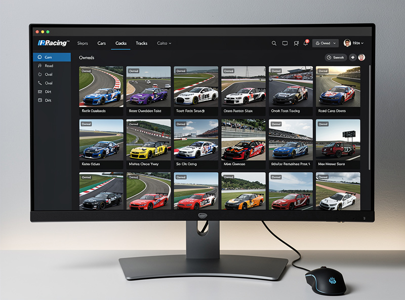 iRacing content library showing owned cars and tracks in collection view