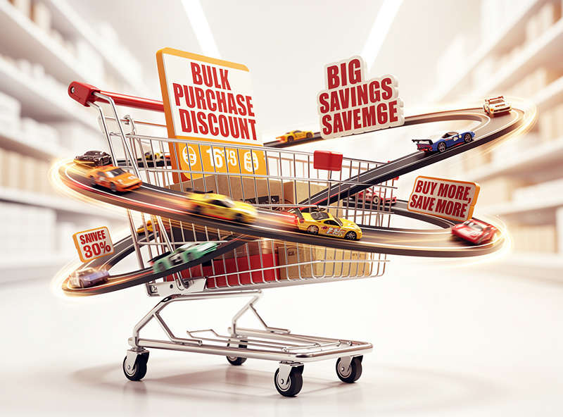 Bulk purchase discount concept showing multiple items in a shopping cart with savings displayed