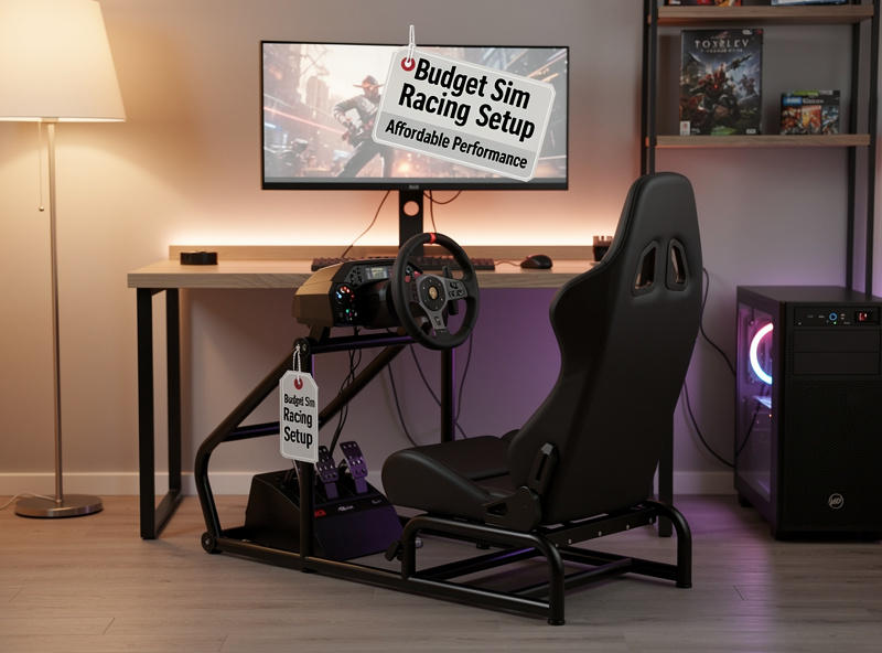Budget-friendly sim racing setup with affordable wheel and monitor arrangement