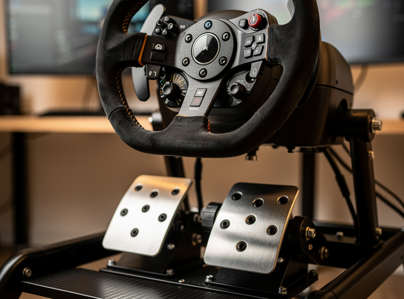 Sim racing wheel and pedals in a dedicated racing cockpit
