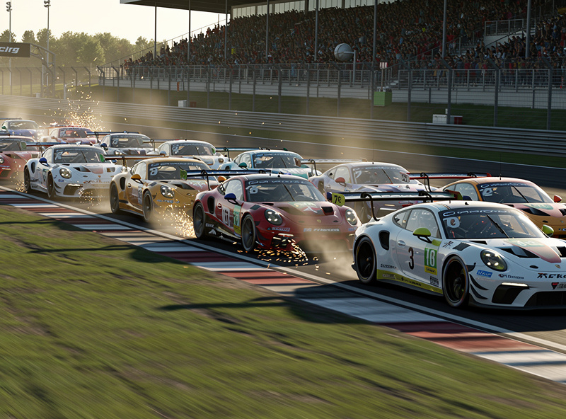 GT3 cars racing wheel to wheel at the start of an iRacing event