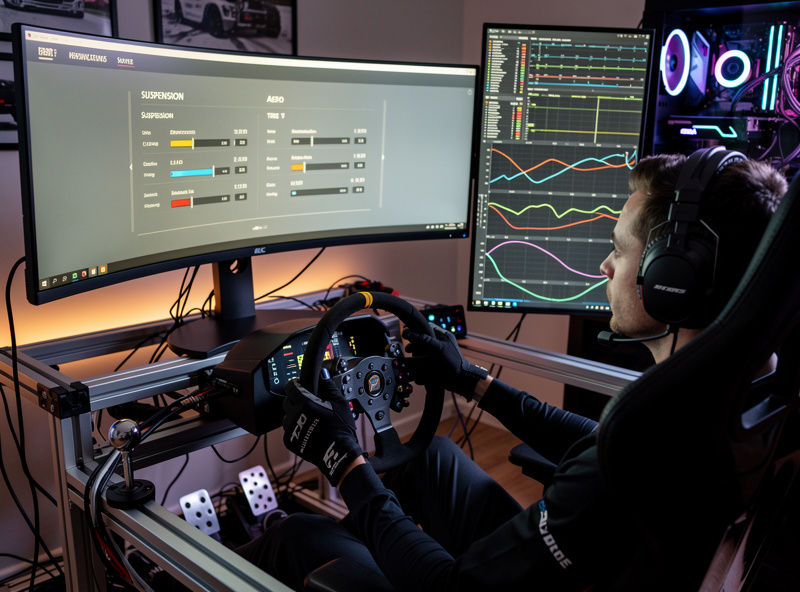 Driver adjusting car setup with telemetry data on screen during a sim racing session