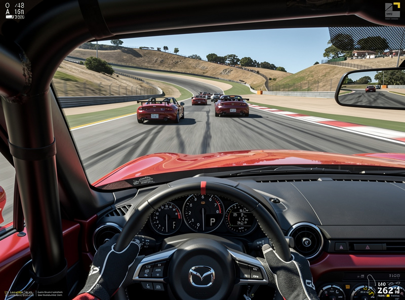 Mazda MX-5 racing through a corner at Laguna Seca in iRacing Rookie series