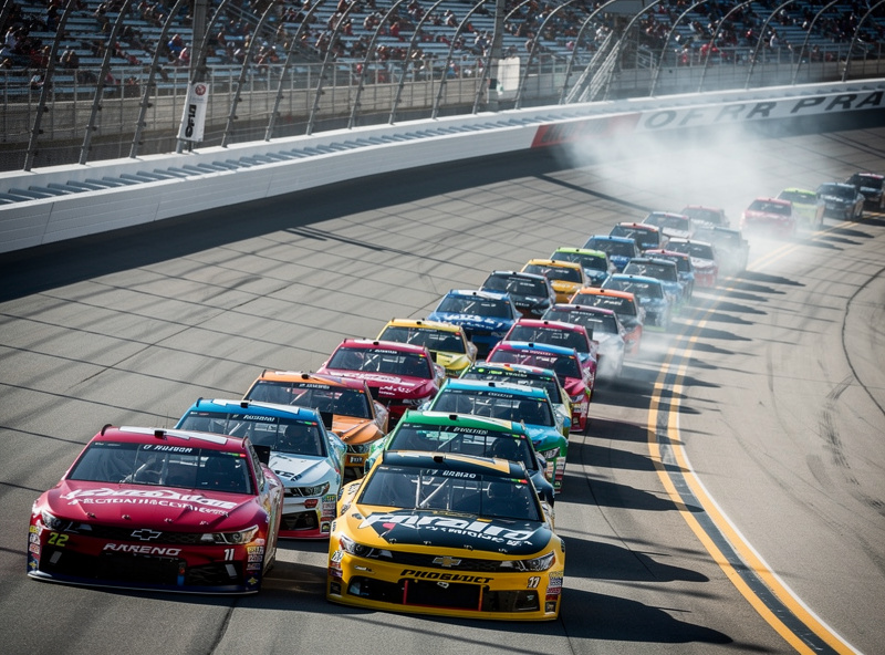 NASCAR stock cars drafting in a pack on an oval track at high speed