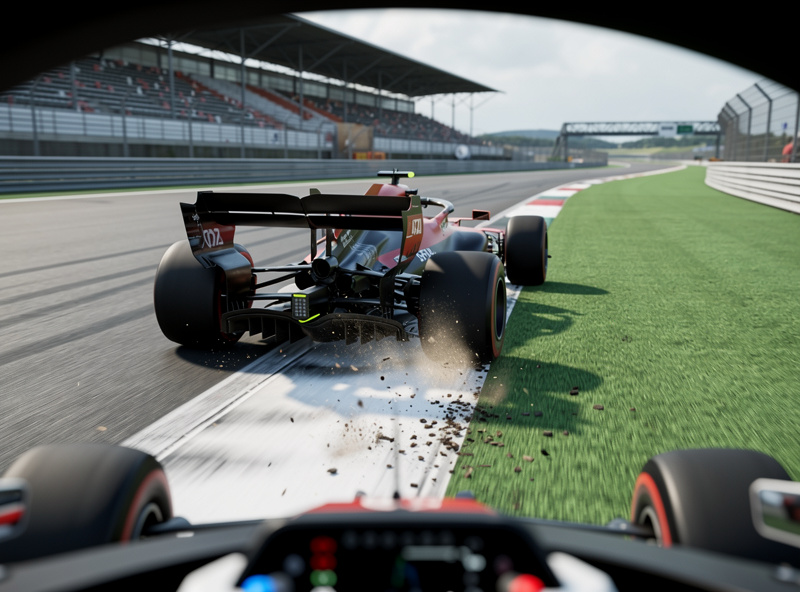Race car going off track with all four wheels beyond the racing surface boundary