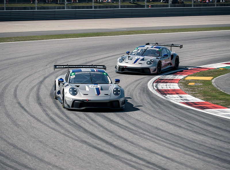 Two sim racing cars cornering with proper spacing demonstrating clean racecraft