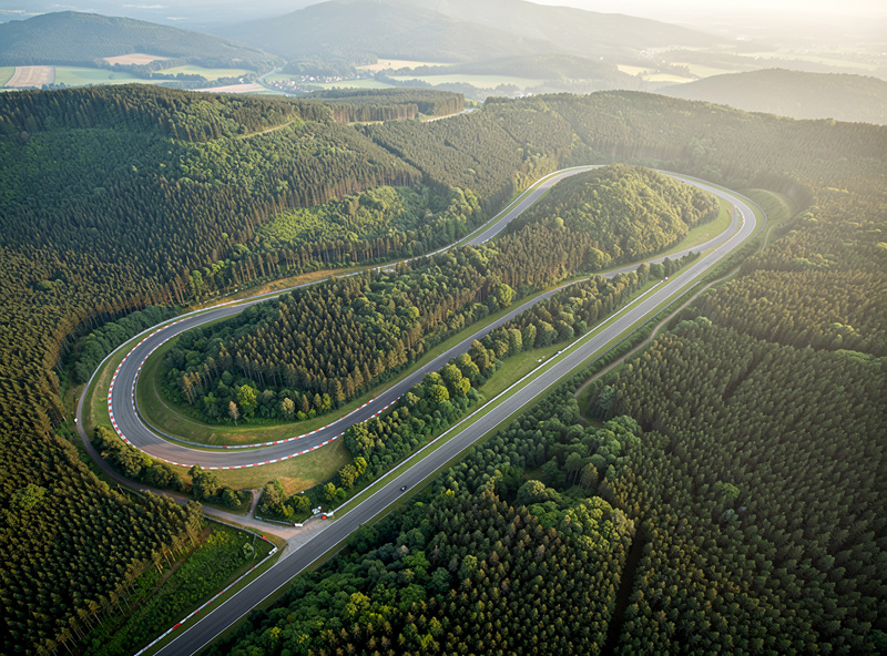 Nurburgring Nordschleife winding through the German forest, aerial view of the full circuit