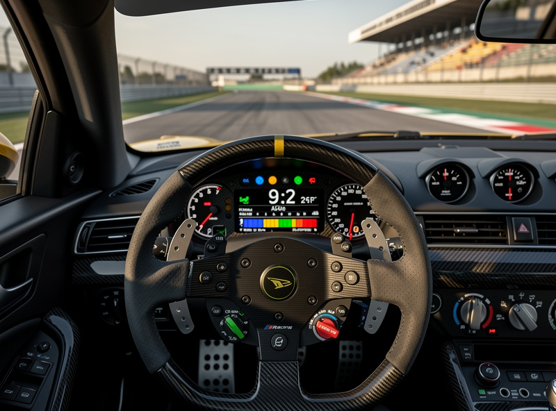 iRacing GT3 car viewed from cockpit showing steering wheel and track ahead