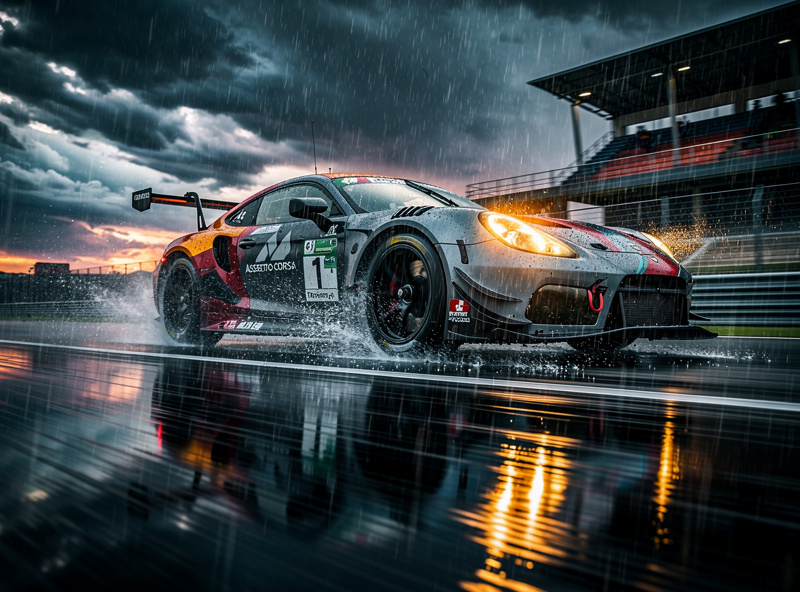 Assetto Corsa Competizione GT3 car racing in wet conditions with rain and reflections on track