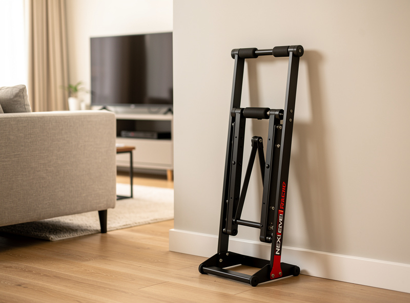 Next Level Racing Wheel Stand 2.0 folded against wall for storage