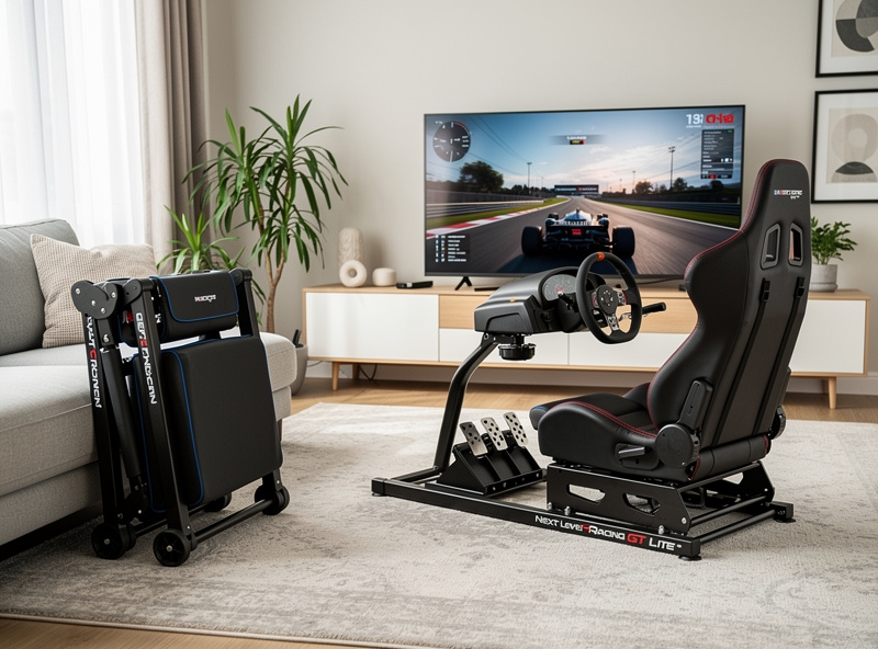 Next Level Racing GT Lite foldable cockpit showing compact storage