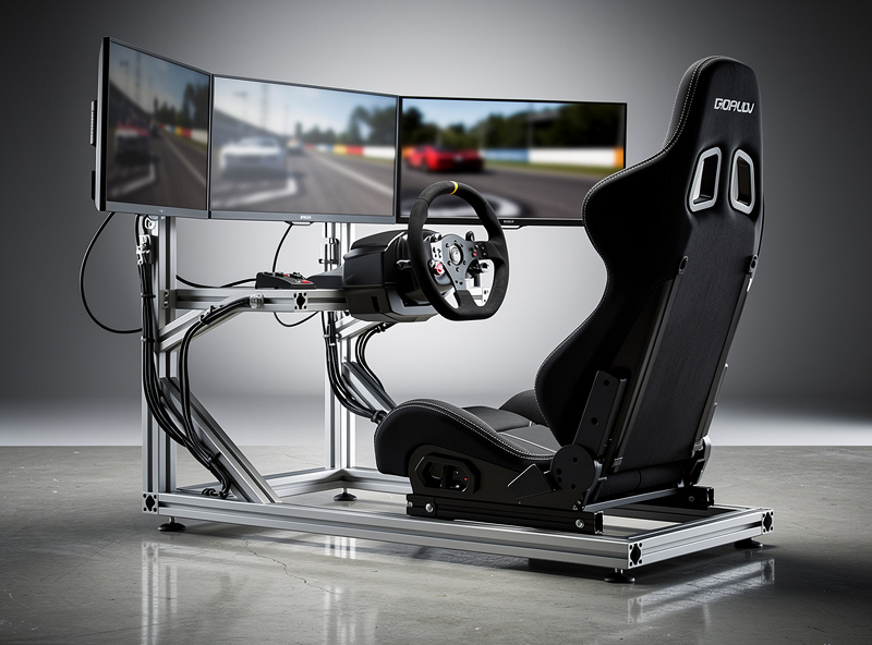 Aluminum profile sim racing cockpit with direct drive wheel and triple monitors