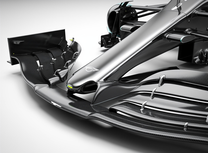 Close-up of formula car front wing showing aerodynamic elements