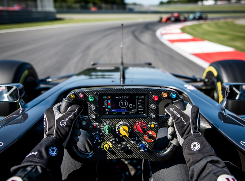 Formula car cockpit view with steering wheel and track ahead