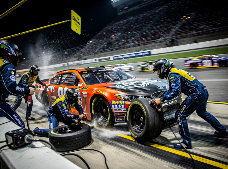 Pit crew changing tires on a stock car during an oval race