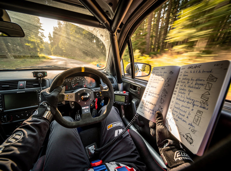 Rally car interior showing co-driver pacenote book during a stage