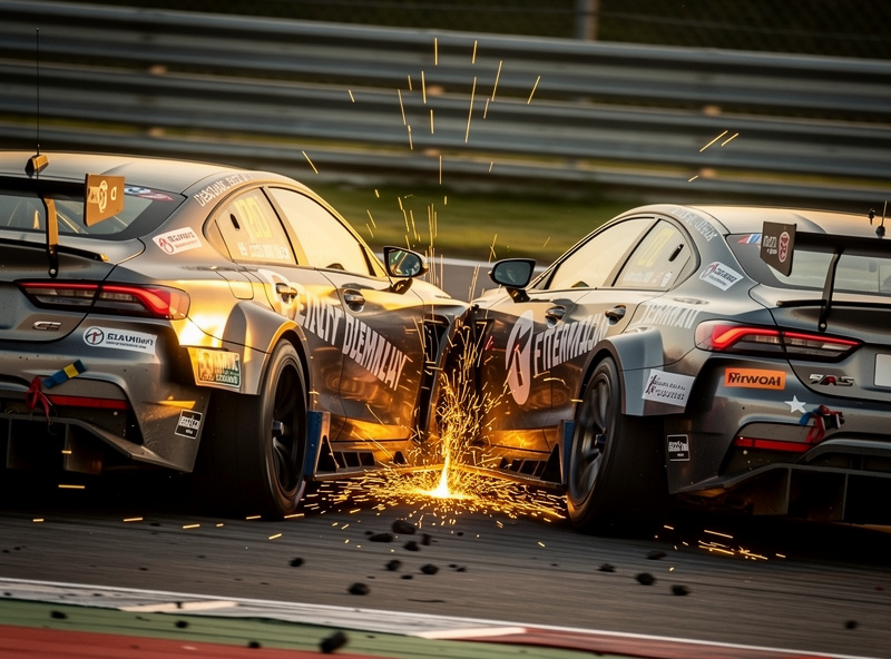 Touring cars racing side by side with body contact on a tight corner