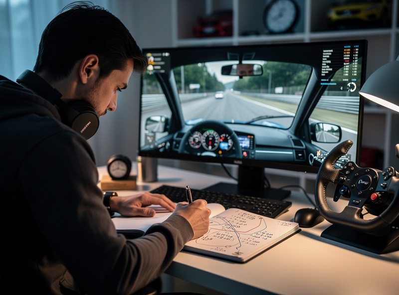 Person watching sim racing replay while taking notes for improvement