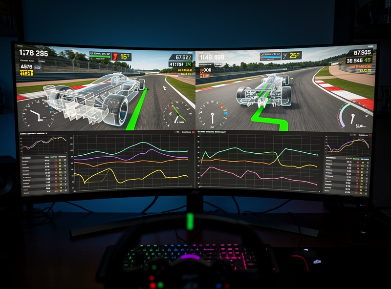 Two sim racing laps compared with ghost car overlay and telemetry