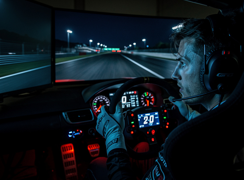 Focused sim racer driving a practice stint with dashboard illuminated