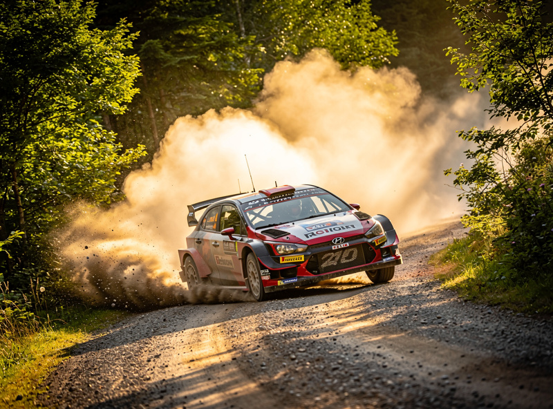 Rally car mid-slide on gravel stage with dust cloud