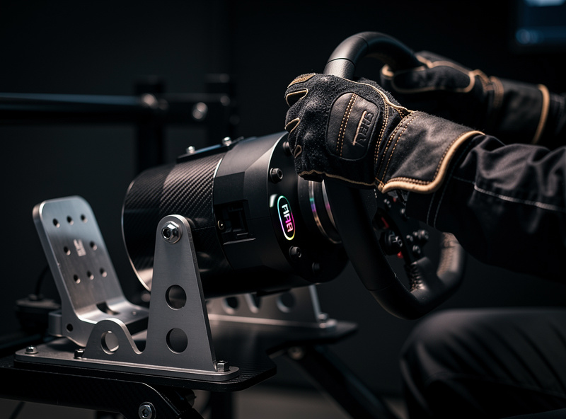 Sim racing cockpit with load cell pedals and direct drive wheel close-up