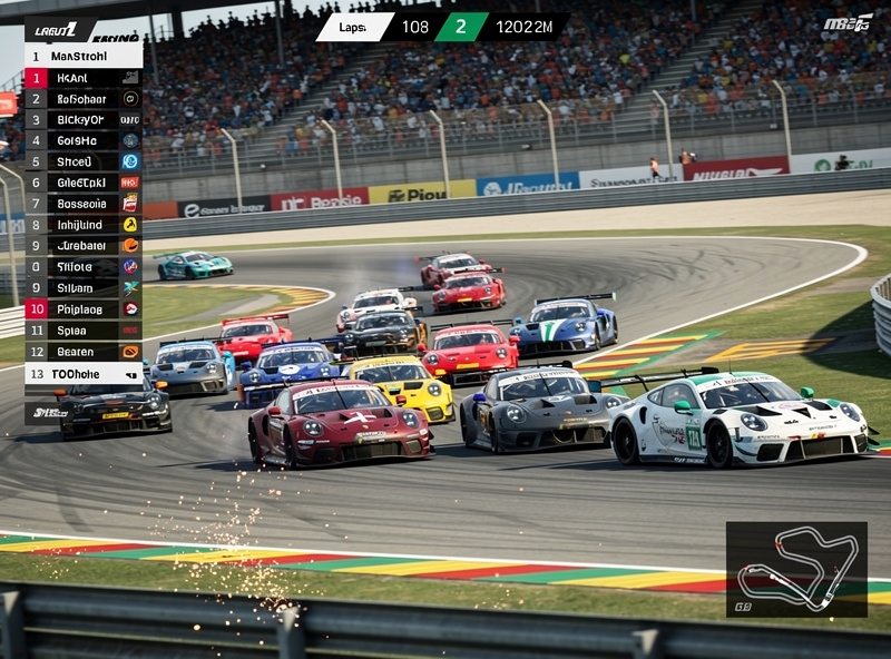 Sim racing league race with 20 cars battling through a corner