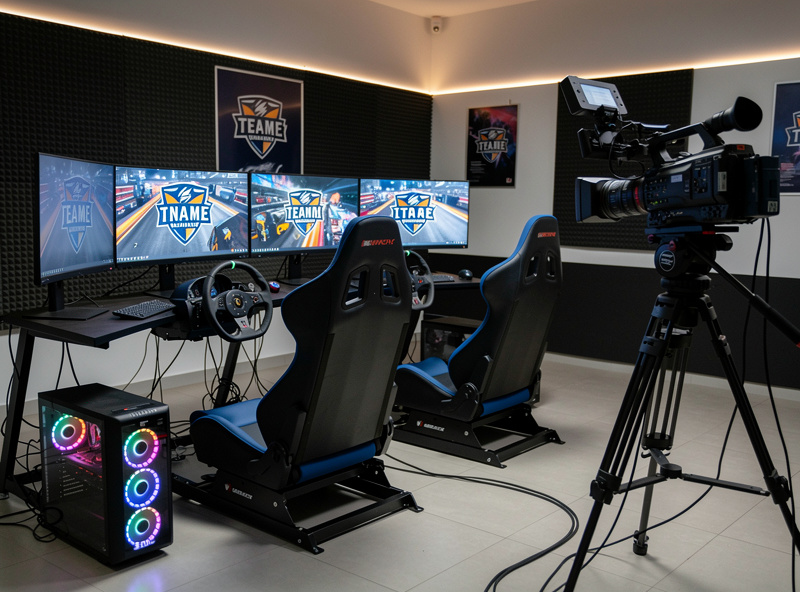 Professional esports team sim racing setup with broadcast equipment