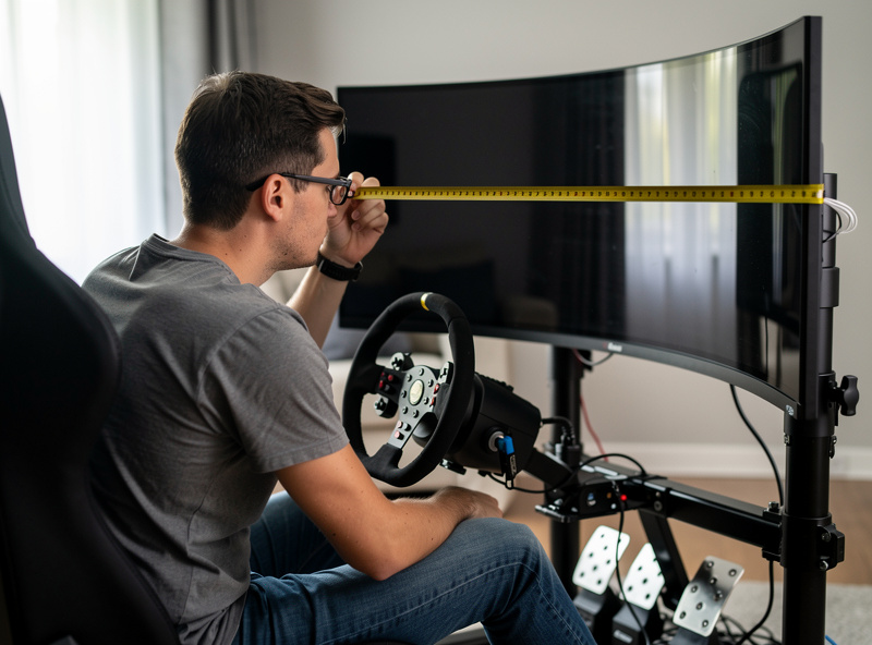 Person measuring viewing distance from eyes to monitor screen