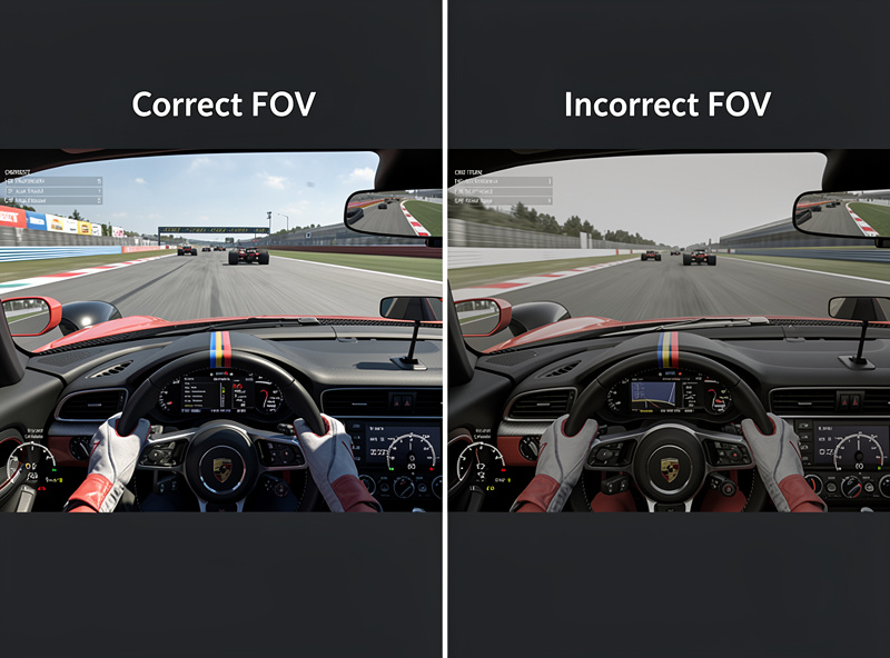 Split comparison of correct FOV versus incorrect FOV in racing game cockpit view