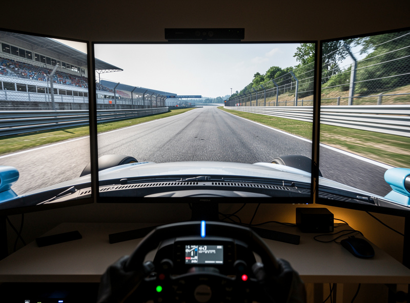 Triple monitor setup from driver perspective showing screen angles