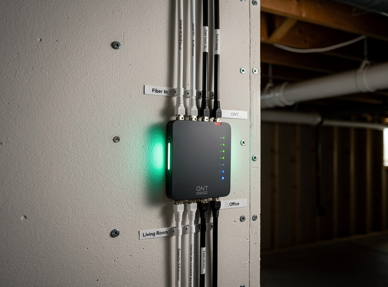 Fiber optic ONT modem mounted on a residential wall with neat cable management