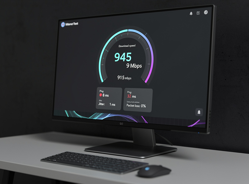 Computer screen showing speed test result with ping 8ms jitter 1ms packet loss 0 percent