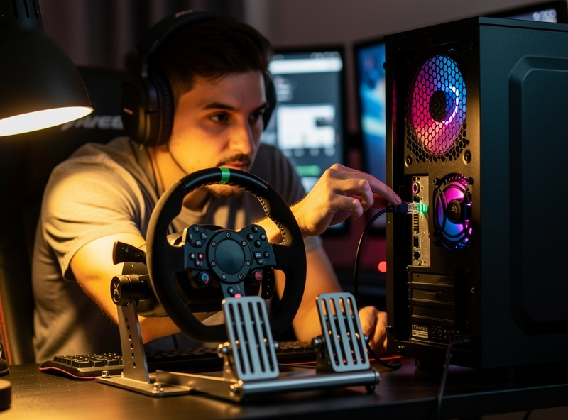 Sim racer reaching down to plug an ethernet cable into the back of a gaming PC