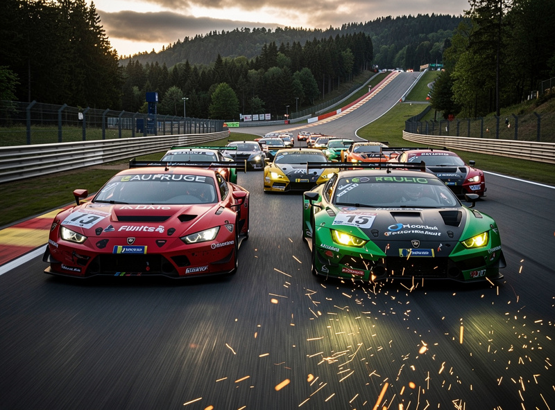 GT3 cars racing wheel to wheel through Eau Rouge at Spa