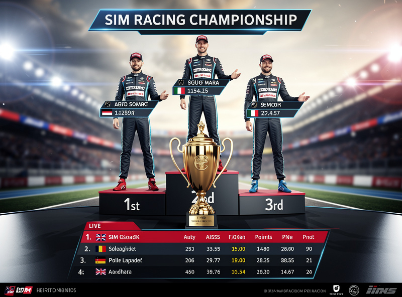 Sim racing championship podium celebration with top 3 drivers