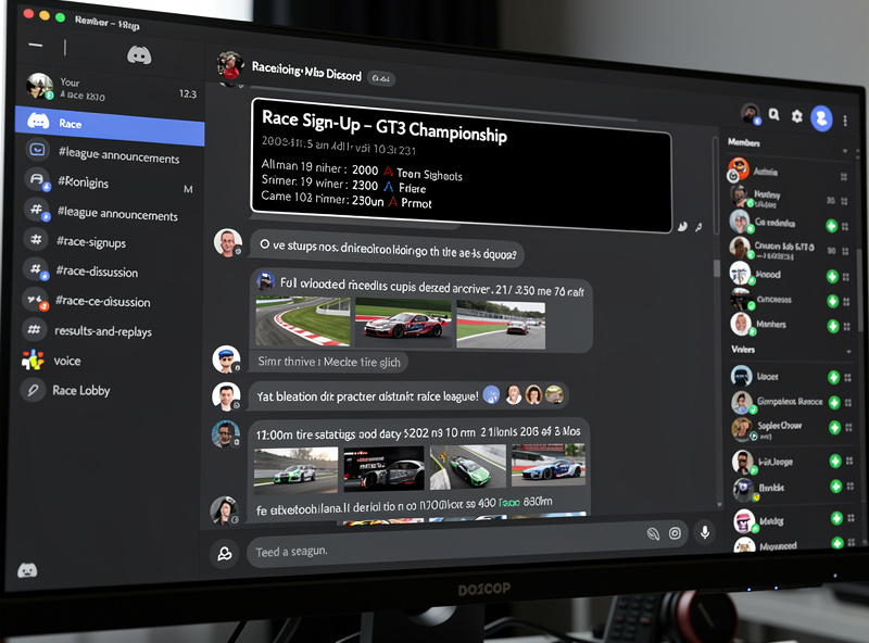 Discord server showing sim racing league channels and race announcements