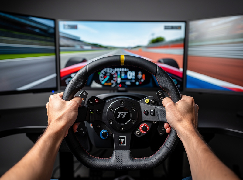 Close-up of hands on a sim racing wheel with triple monitor display in background