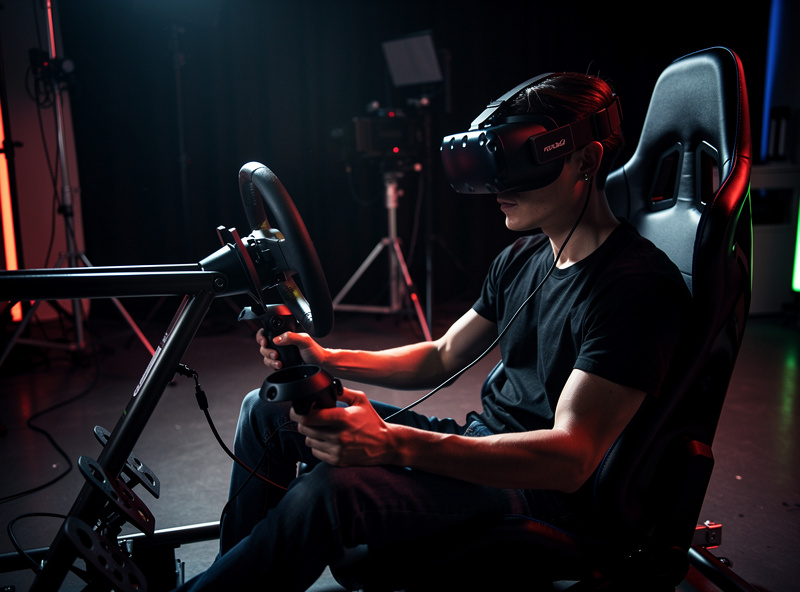 Person wearing VR headset in a sim racing cockpit