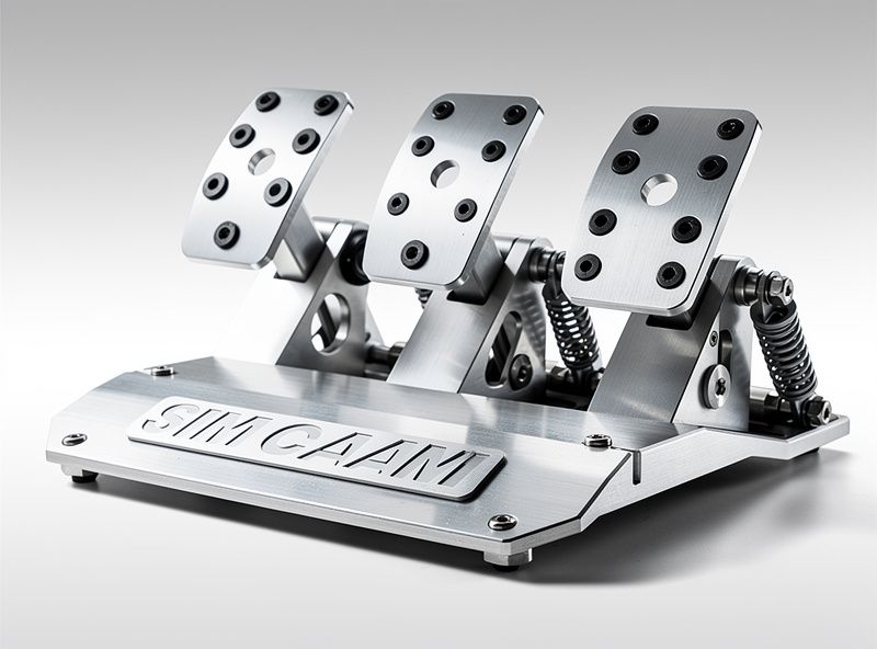 Load cell sim racing pedals with aluminum construction showing brake, throttle, and clutch