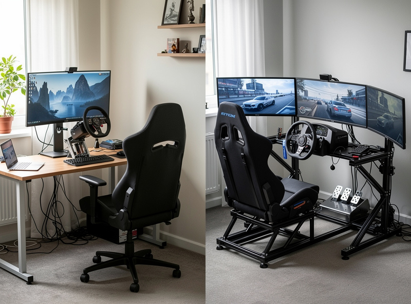 Budget desk-mounted sim racing setup compared to professional aluminum profile cockpit with triple monitors