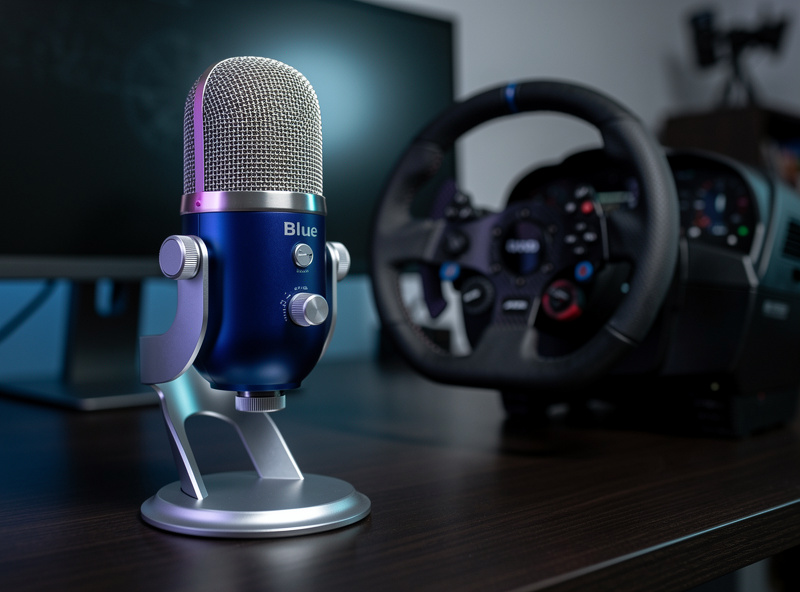 Blue Yeti USB microphone on desk next to sim racing wheel