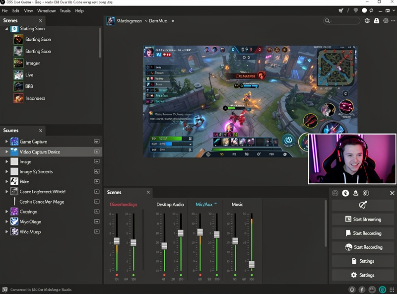 OBS Studio interface showing scene setup with game capture and webcam overlay