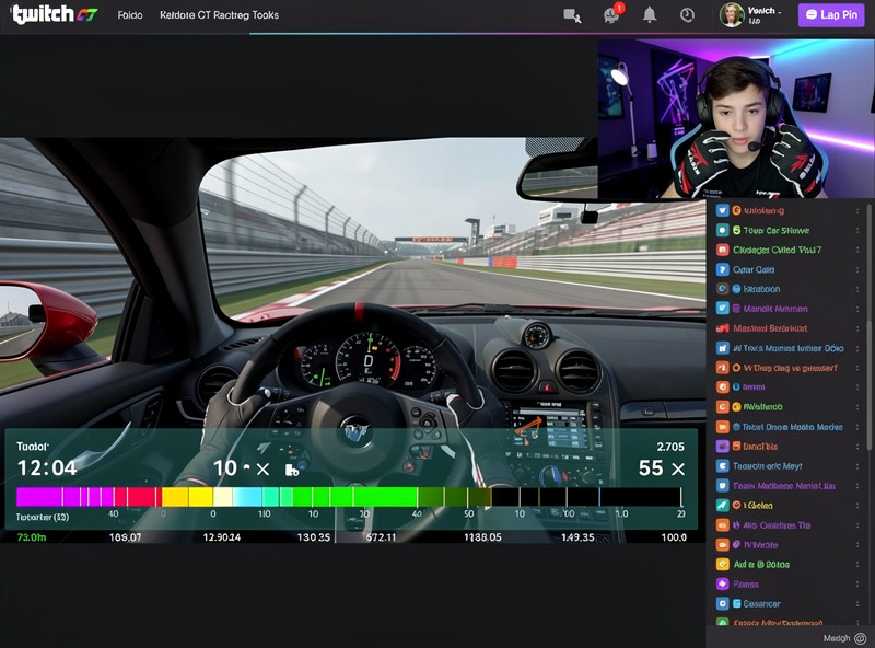 Twitch stream showing sim racing with telemetry overlay and webcam