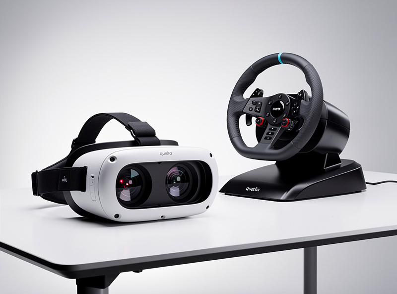 Meta Quest 3 VR headset placed next to a sim racing wheel